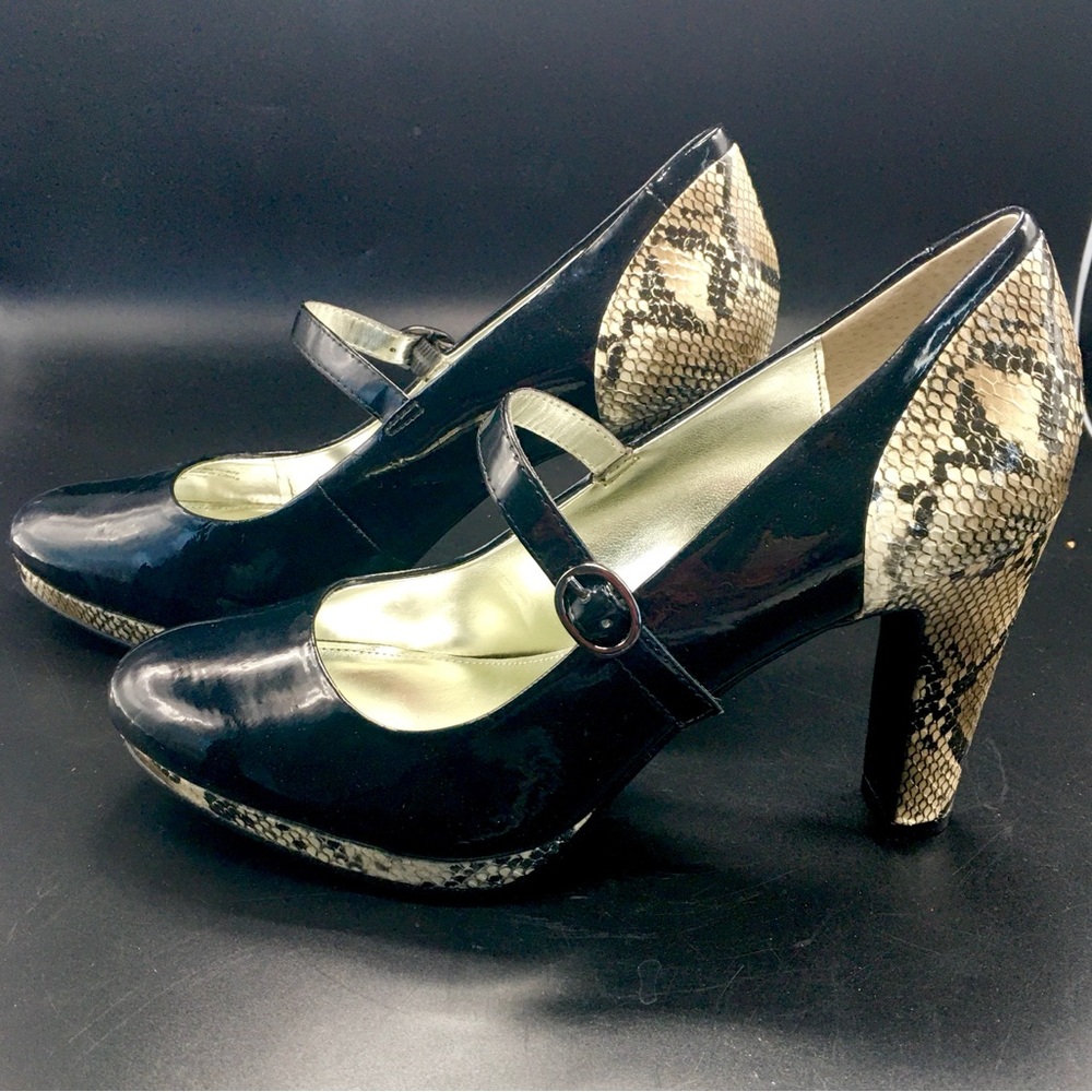 Like New Alfani Black Patent & Snakeskin Shoes Mary Jane Style 3.5” Block Heel